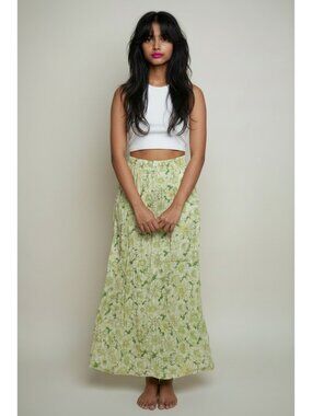 Vintage 90s Y2k Express Deadstock Lime Green Floral Maxi Skirt NWT Size 1/2